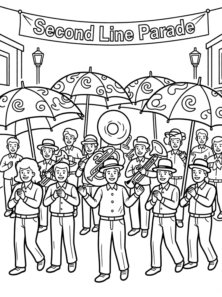 (Louisiana) A second line parade with umbrellas and brass band