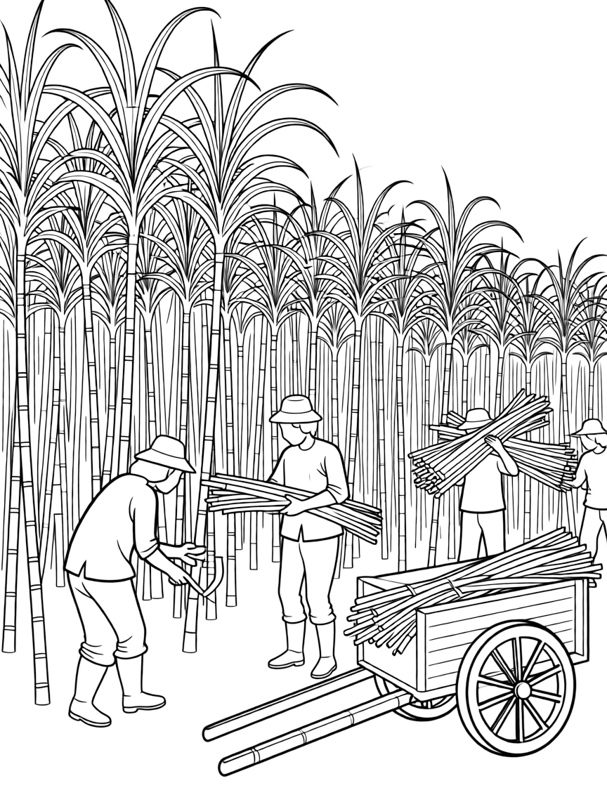 (Louisiana) A sugarcane field with workers harvesting