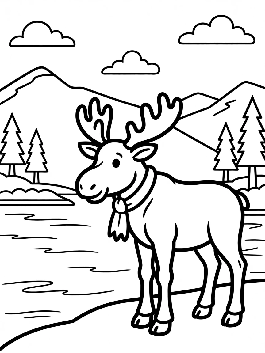 (Wyoming) A moose standing by a mountain lake