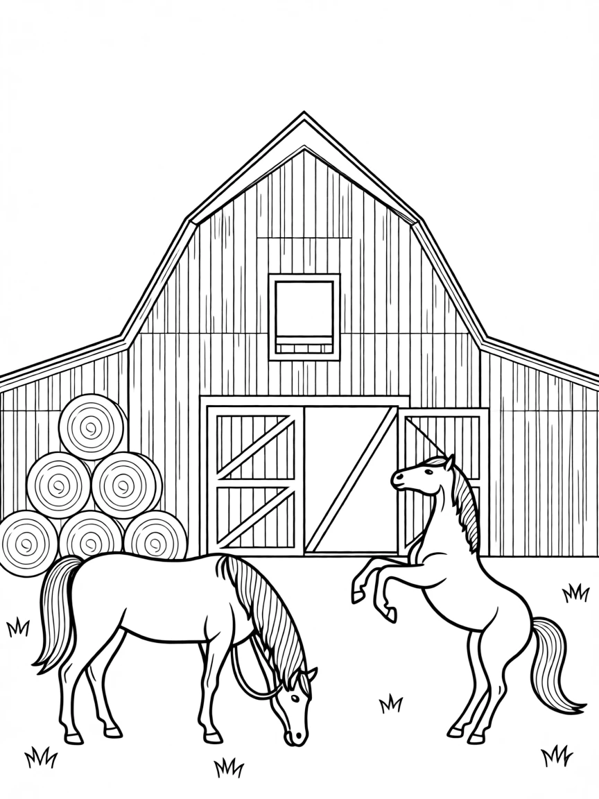 (Wyoming) A barn with hay bales and horses