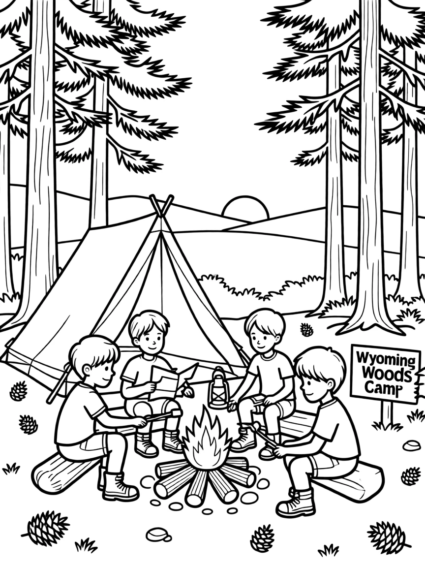 (Wyoming) A group of kids camping in Wyoming woods