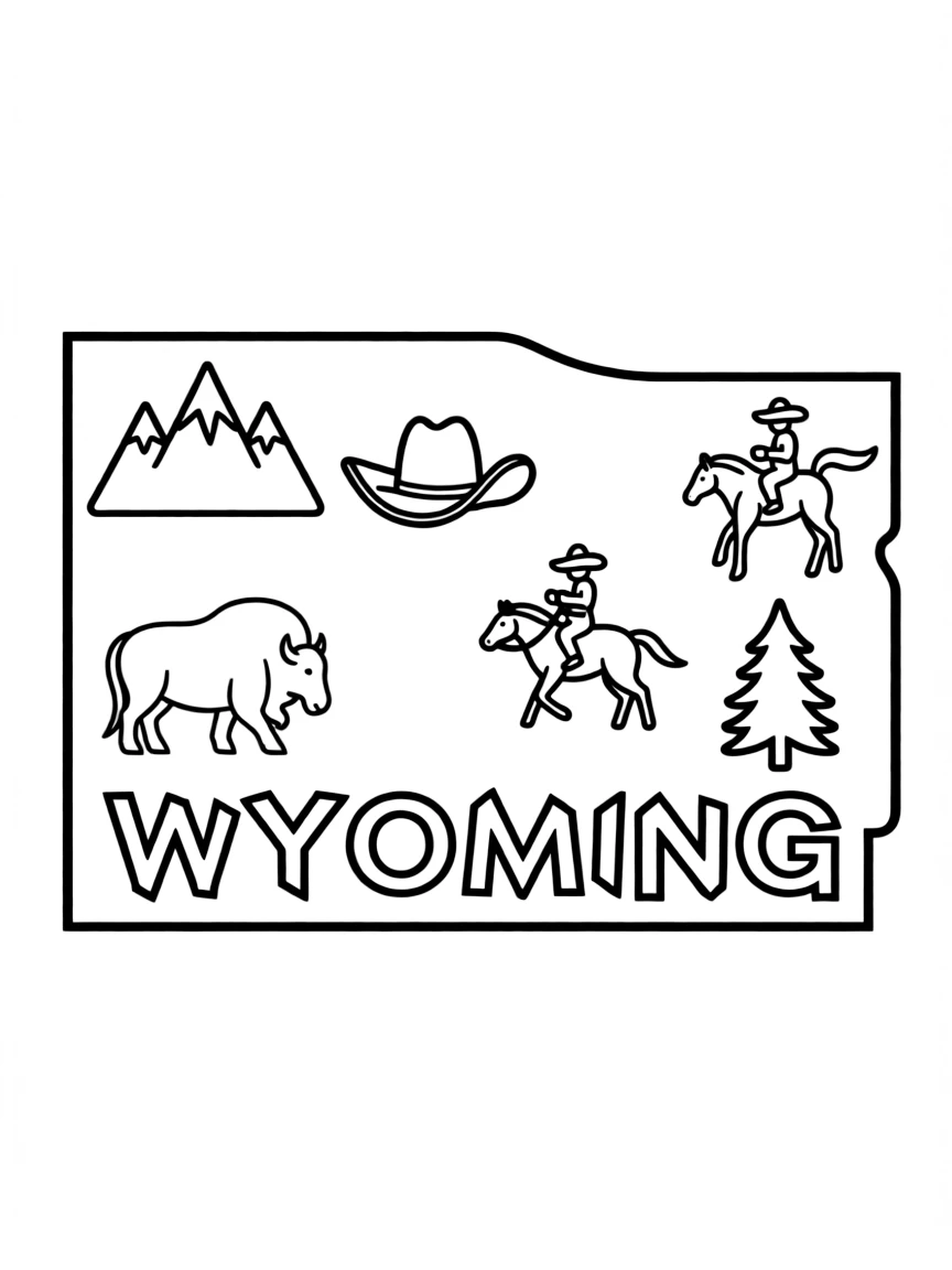 (Wyoming) A simple line art of Wyoming’s shape with icons inside