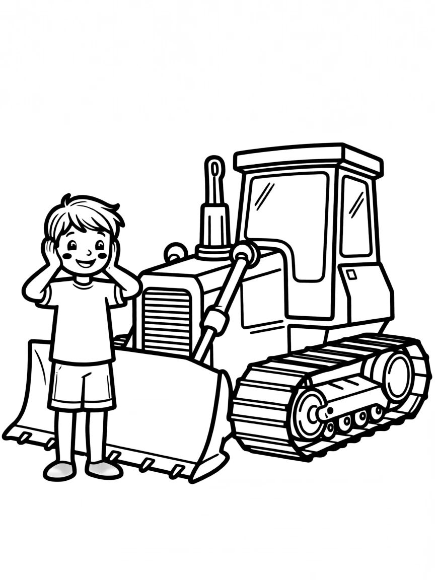 (noise) A happy child covering their ears while standing next to a loud construction bulldozer with simple geometric shapes and bold outlines