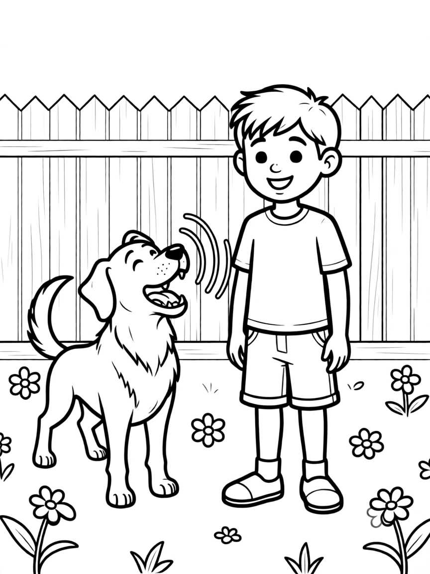 (noise) A barking dog in a backyard with sound waves drawn as curved lines radiating from its mouth, surrounded by flowers and a fence