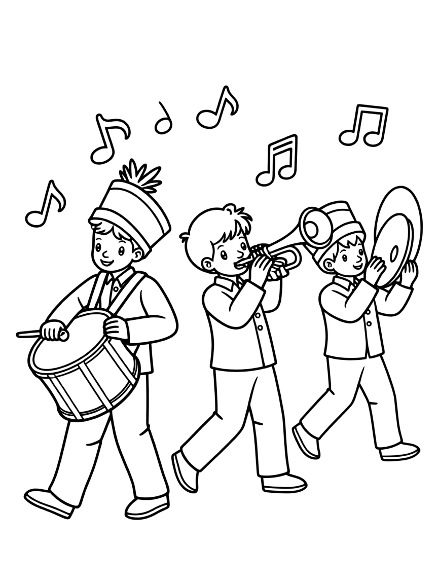 (noise) A marching band with children playing drums, trumpets, and cymbals in a parade formation with musical notes floating in the air