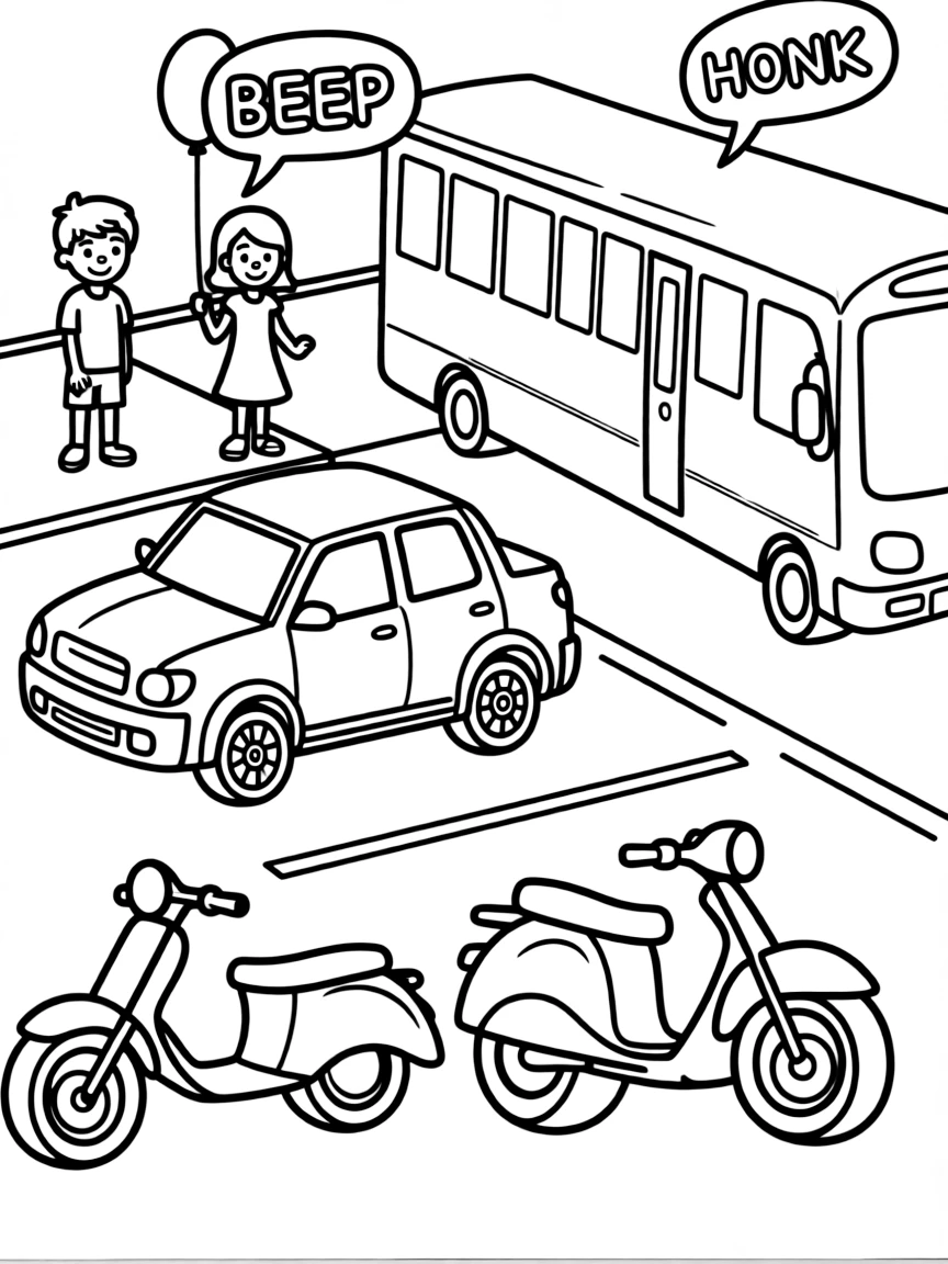 (noise) A busy city street scene showing cars, buses, and motorcycles with simple sound effect words like "BEEP" and "HONK" in speech bubbles