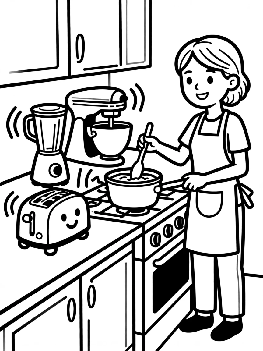 (noise) A kitchen scene with a blender, mixer, and toaster all making noise while a smiling parent cooks, with zigzag lines showing the sounds