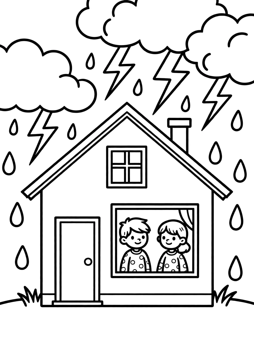(noise) A thunderstorm with rain drops, lightning bolts, and a house with children safely inside looking out the window