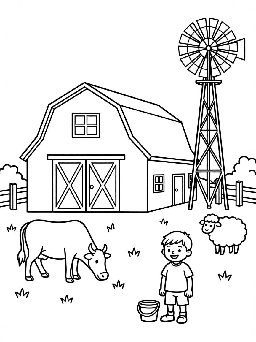 (North Dakota) A farm with a red barn and windmill