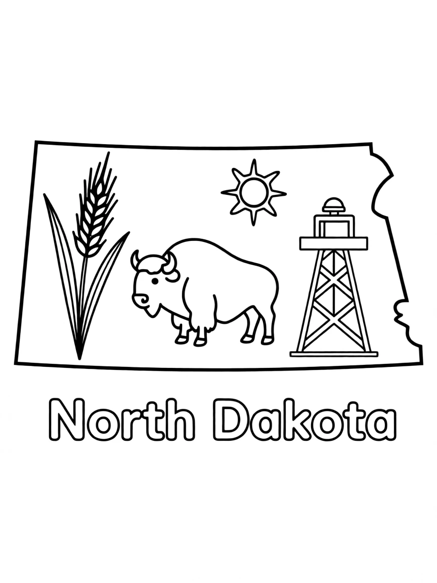 (North Dakota) The state outline of North Dakota with symbols inside