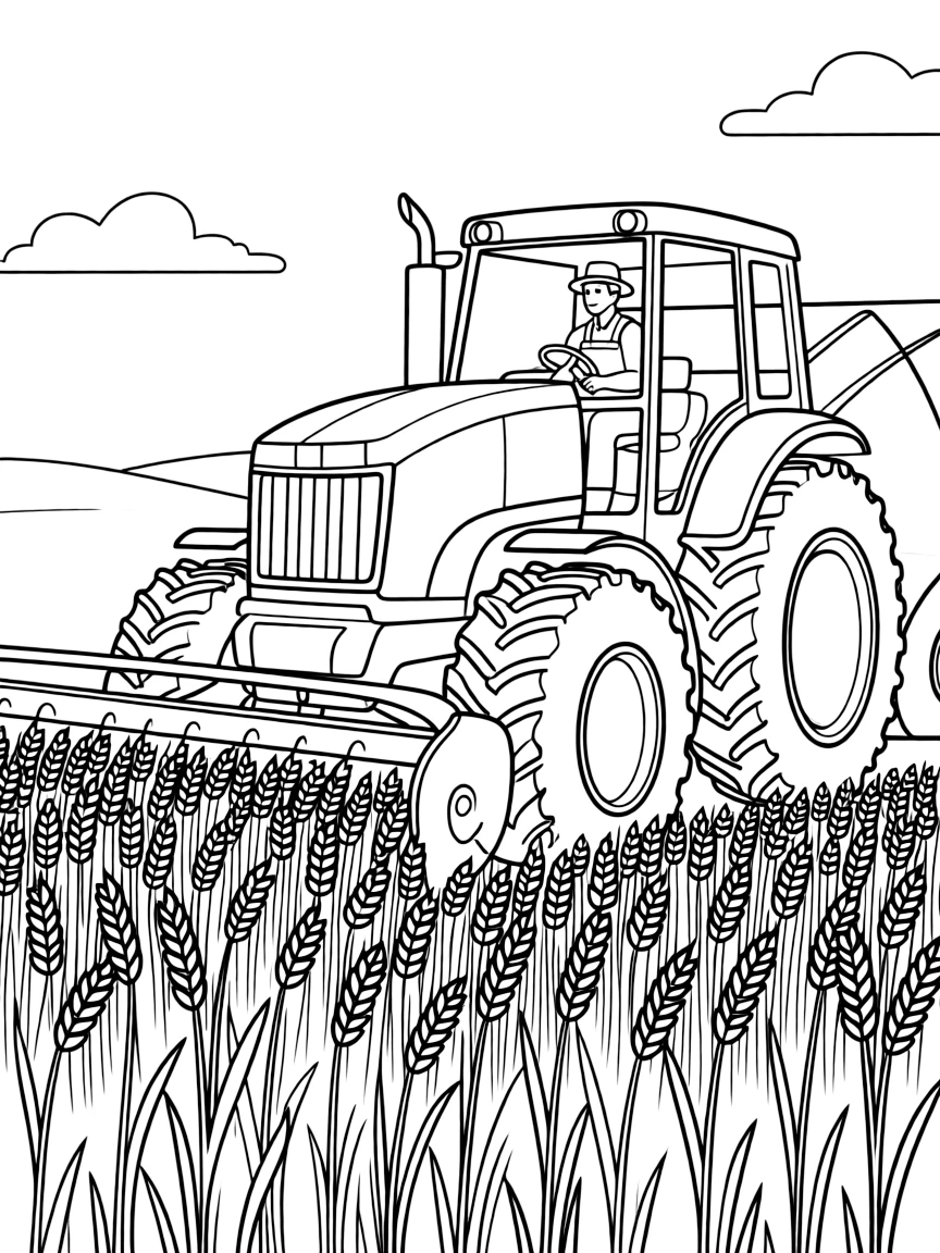 (North Dakota) A tractor harvesting wheat