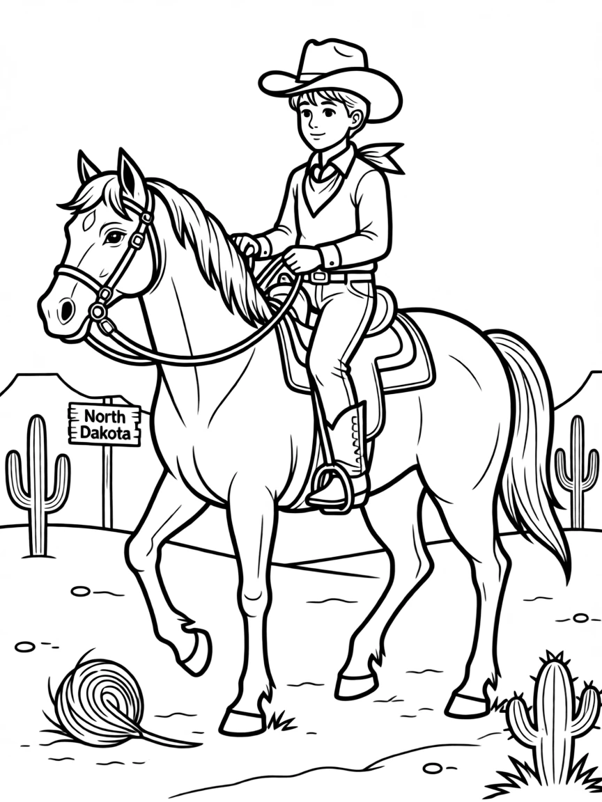 (North Dakota) A cowboy riding a horse