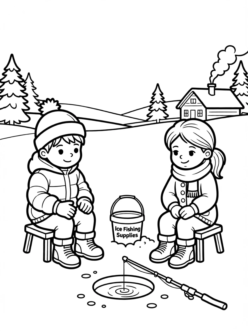 (North Dakota) A scene of ice fishing on a frozen lake