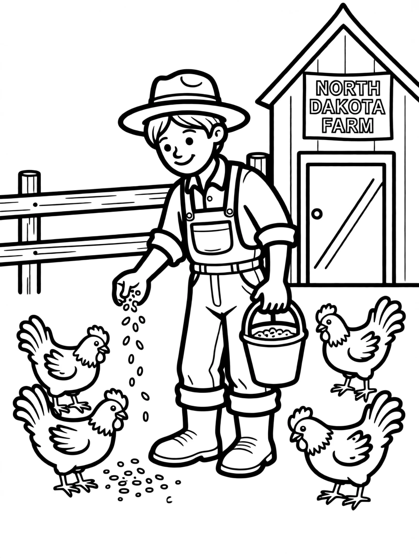 (North Dakota) A farmer feeding chickens