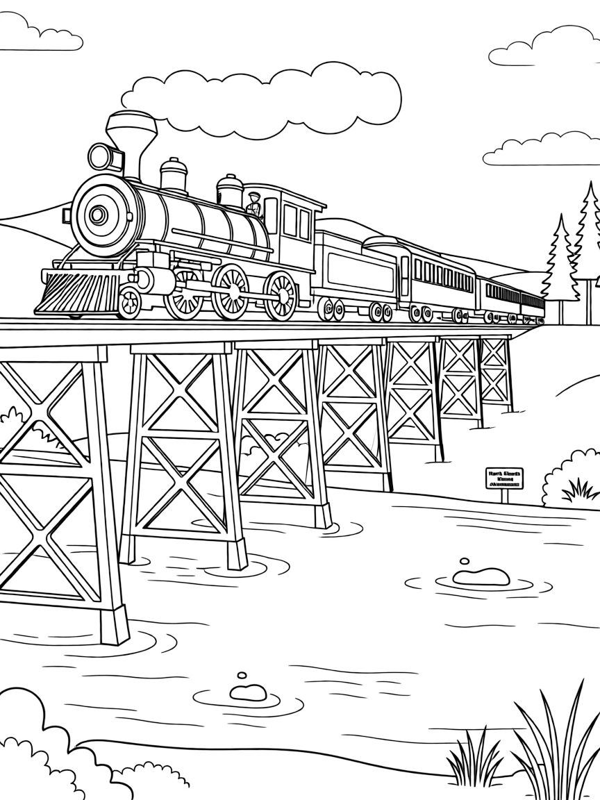 (North Dakota) An old steam train crossing a trestle bridge