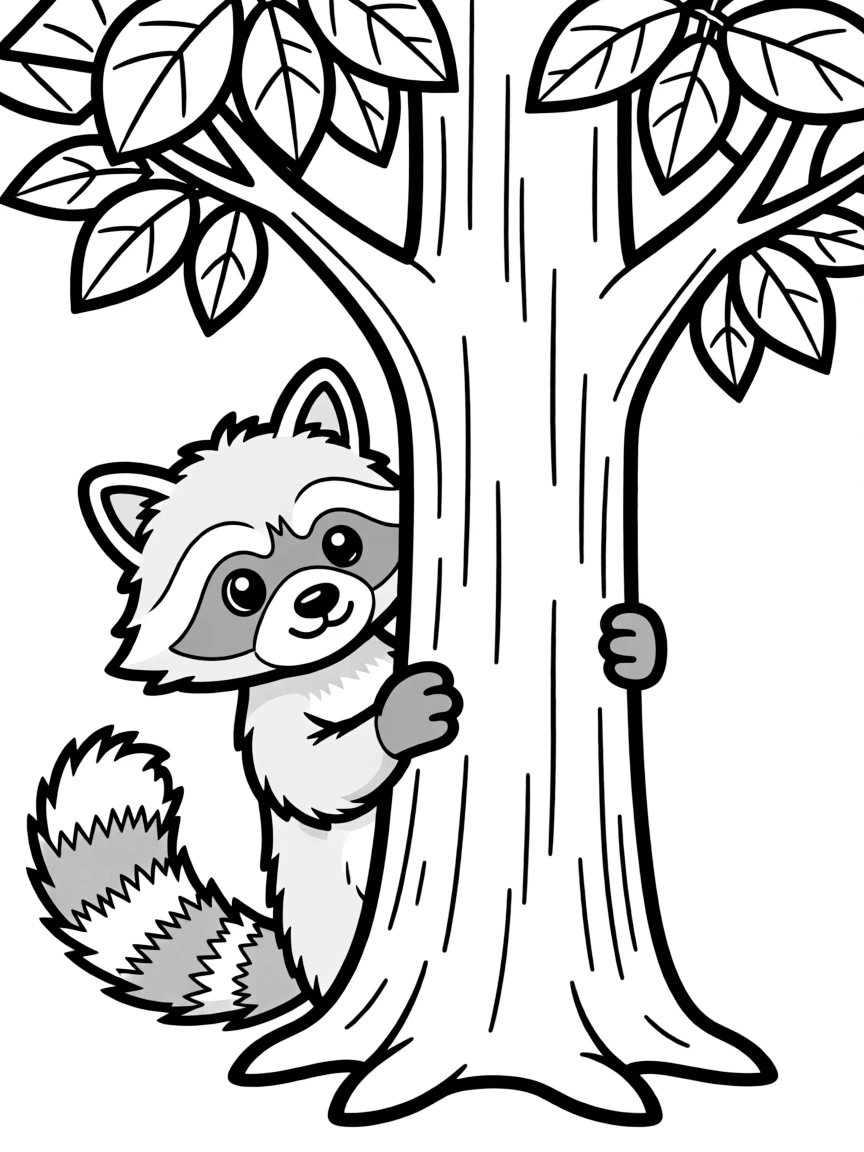 (North Dakota) A raccoon peeking out from a tree