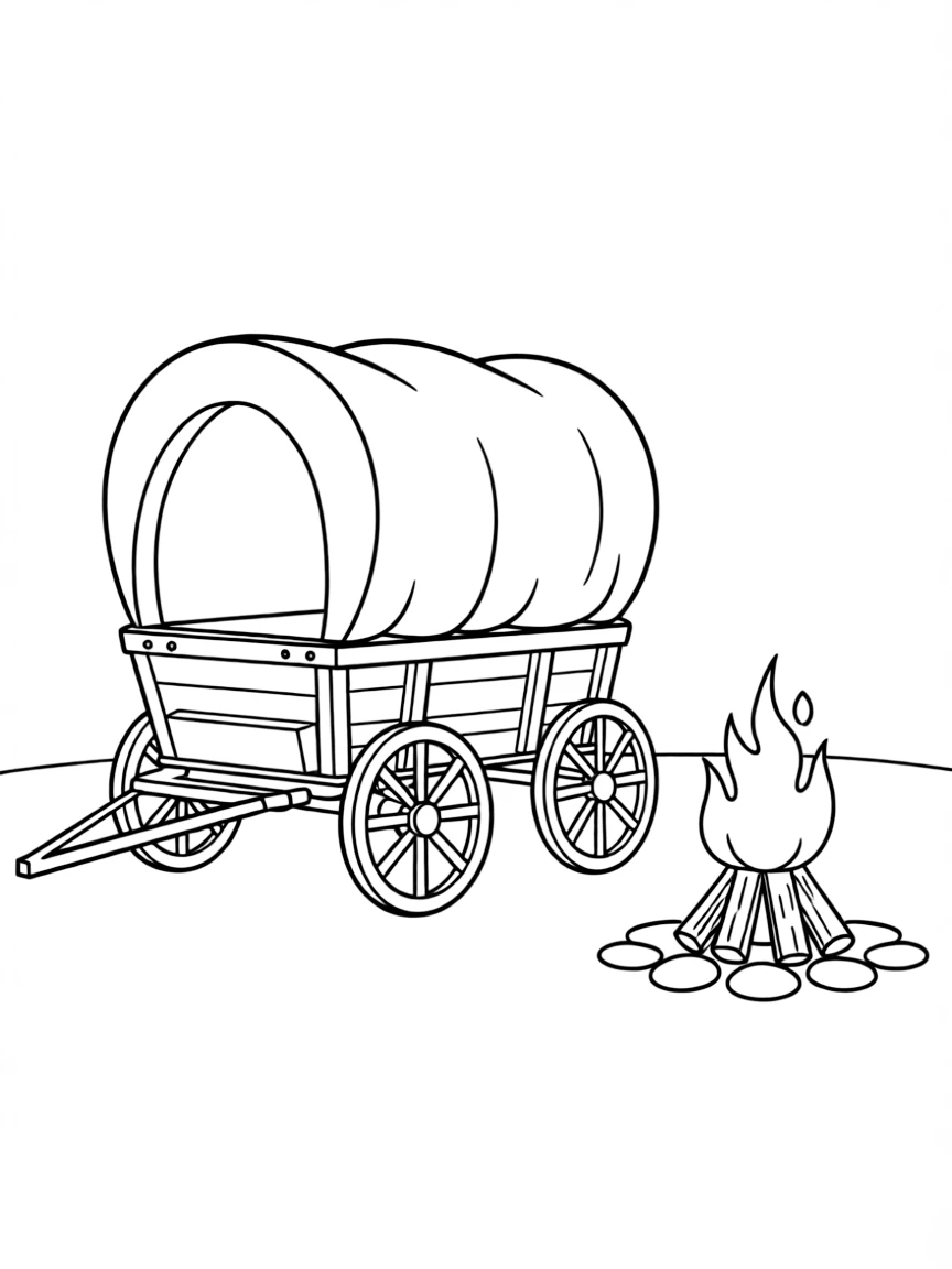 (North Dakota) A covered wagon next to a campfire