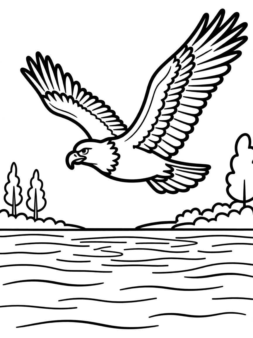 (North Dakota) A bald eagle flying over a lake