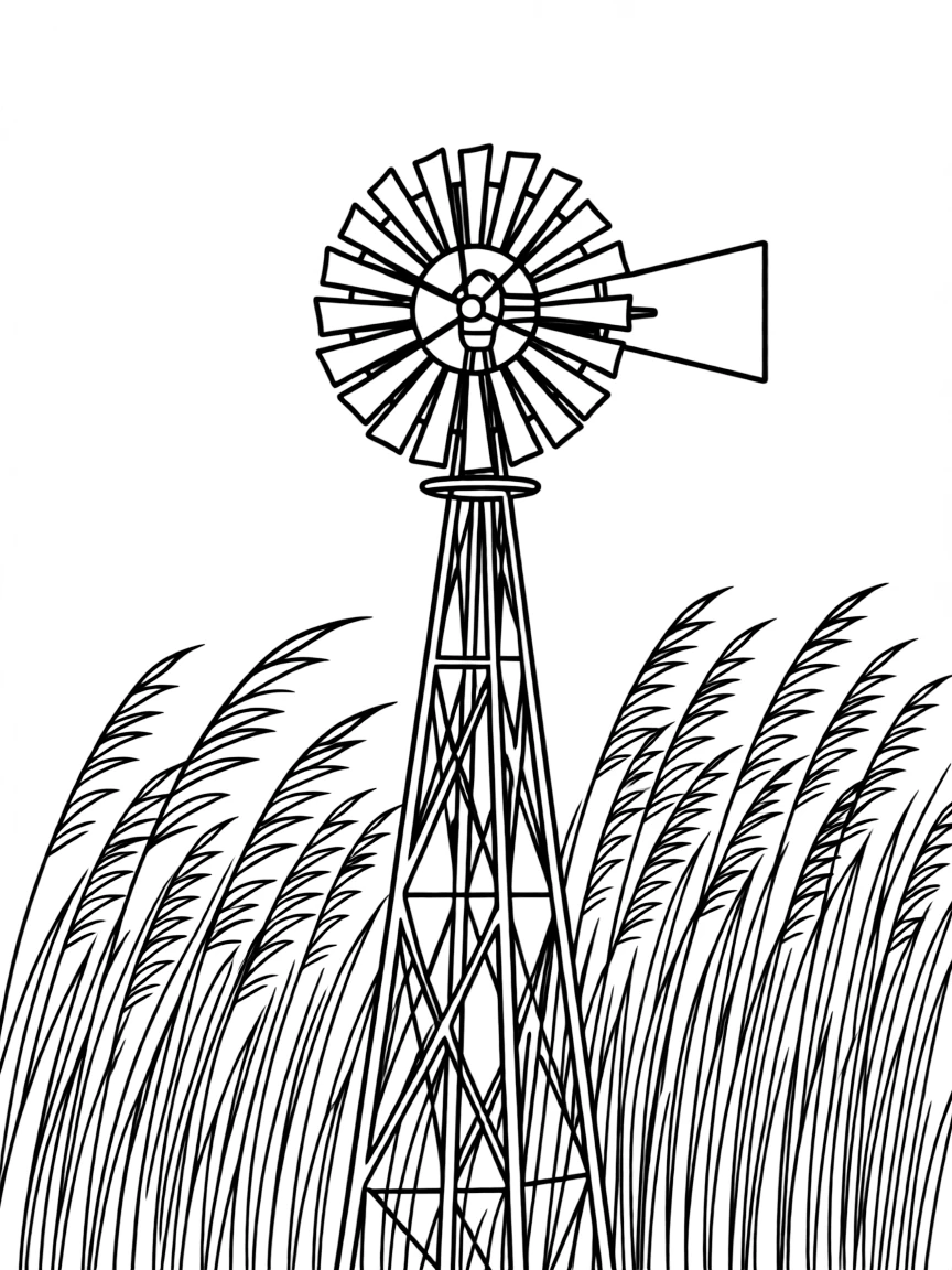(North Dakota) A prairie windmill surrounded by grass
