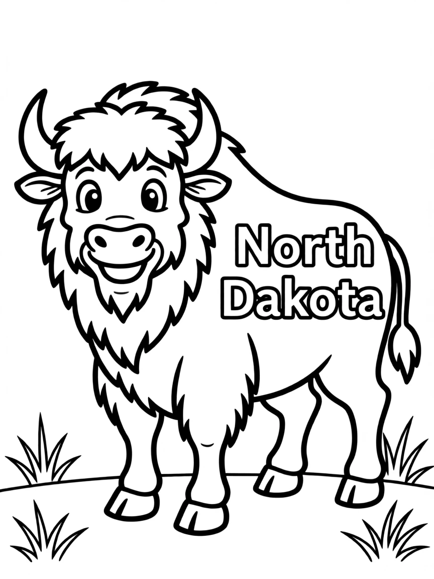 (North Dakota) A smiling cartoon bison with “North Dakota” on its side