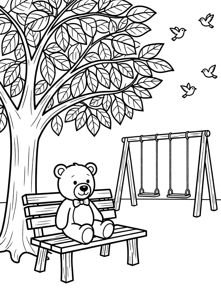 (lonely) A single teddy bear sitting on a park bench under a big tree, with empty swings in the background and birds flying overhead