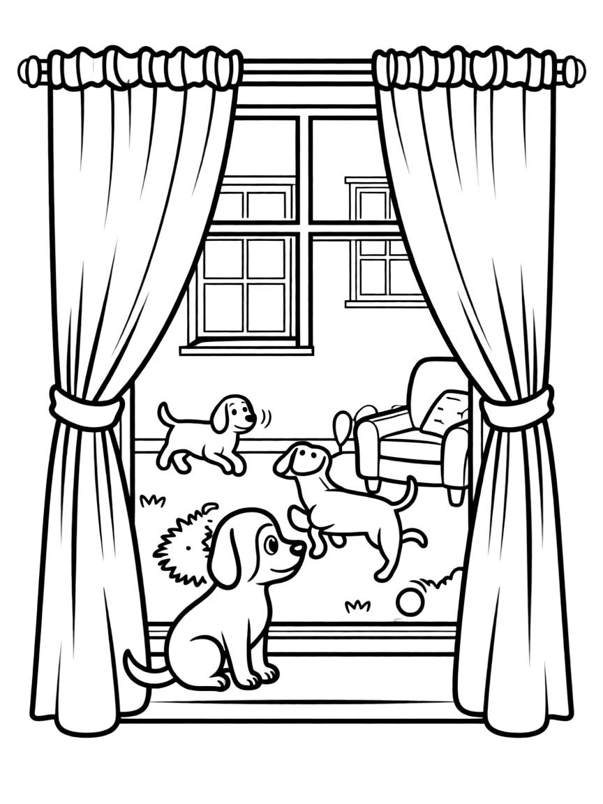 (lonely) A little puppy looking out a window at other dogs playing in the yard, with curtains framing the scene and a cozy room behind