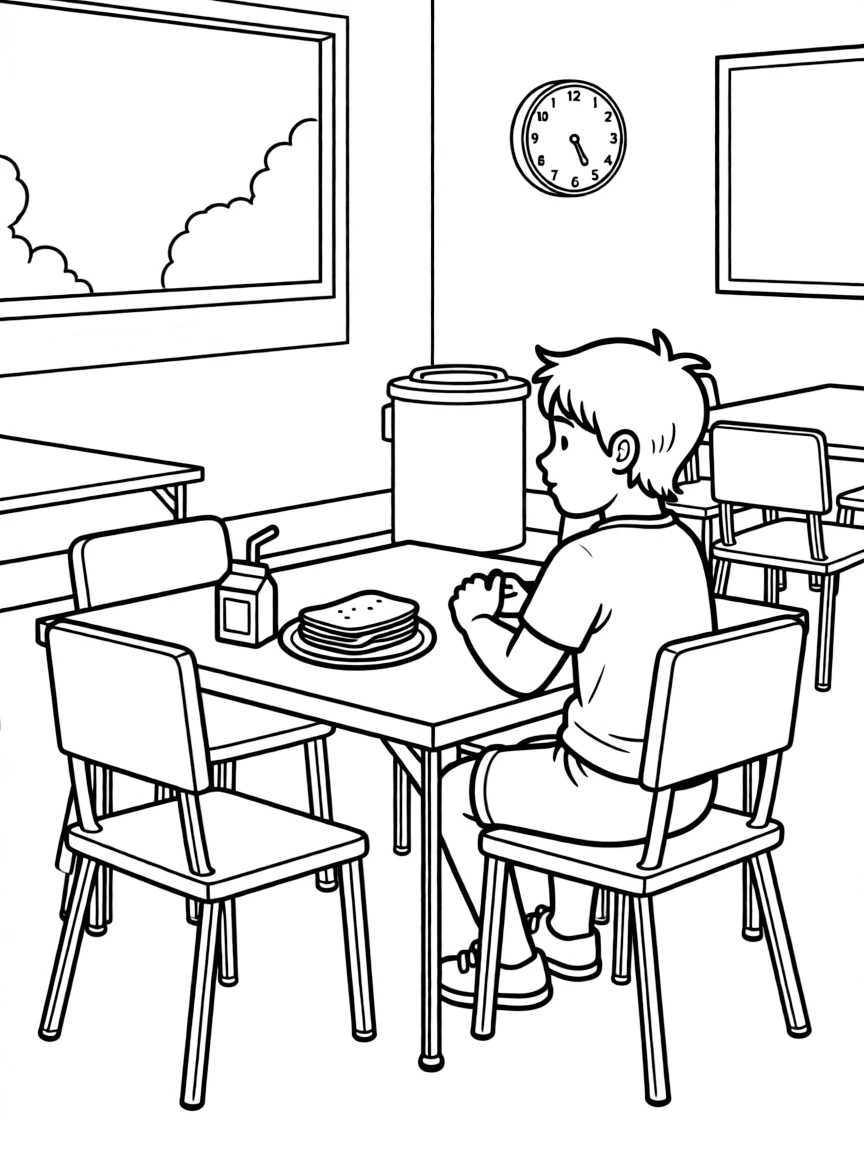 (lonely) A child sitting alone at a lunch table with their sandwich and juice box, surrounded by empty chairs and simple cafeteria details