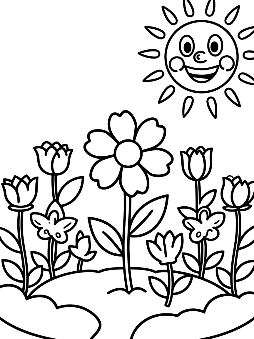 (lonely) A single flower growing in a large garden bed, with other flower outlines waiting to bloom around it and a smiling sun above
