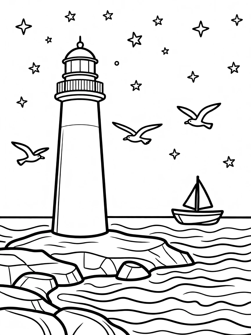 (lonely) A lighthouse standing tall on a rocky shore, with waves, seagulls, and a small boat in the distance under a starry sky