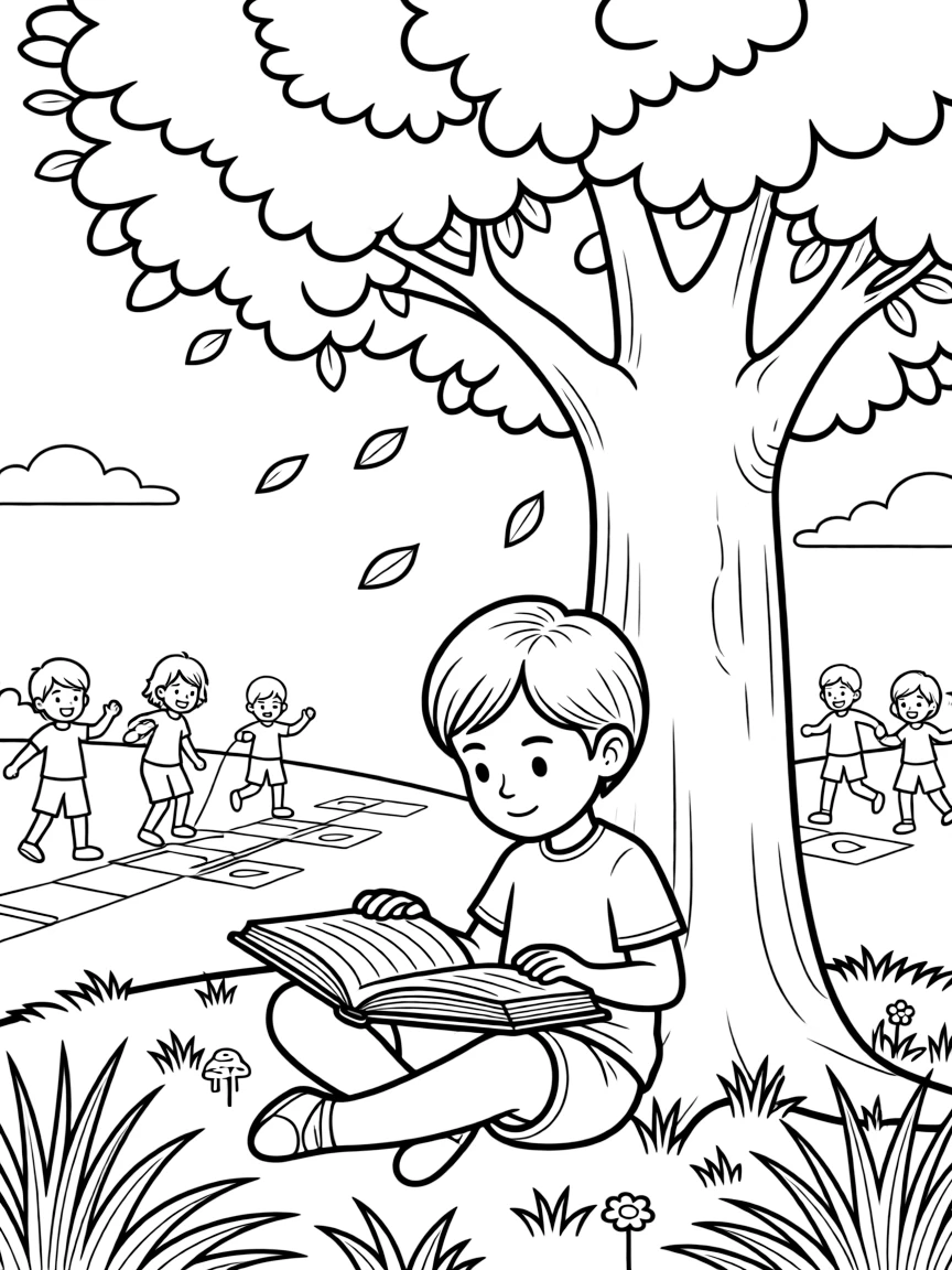 (lonely) A child reading a book under a reading tree, with other children playing games far in the background and leaves falling gently