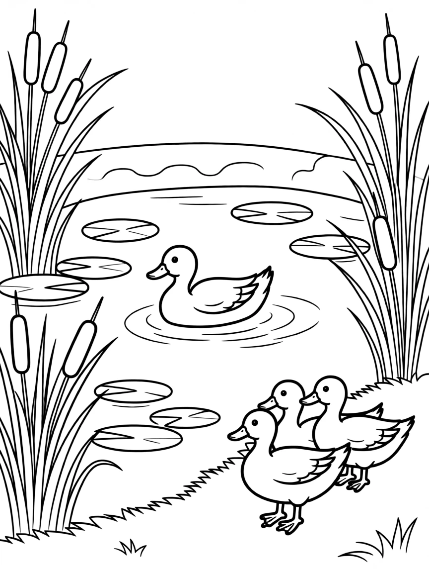 (lonely) A single duck swimming on a pond while other ducks are grouped together on the shore, with cattails and lily pads around