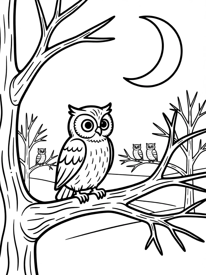 (lonely) A little owl perched alone on a tree branch at night, with other owls visible in distant trees and a crescent moon shining