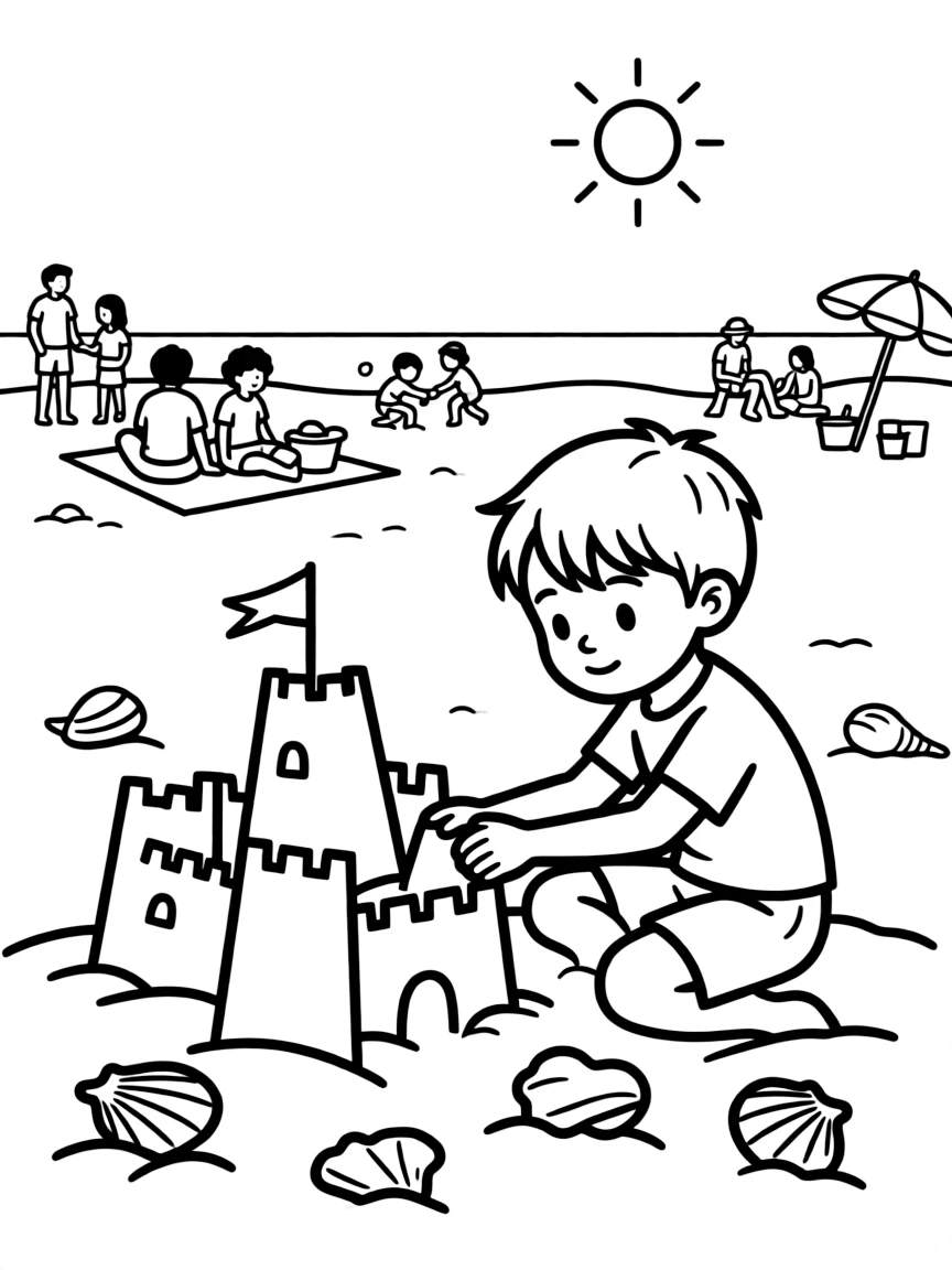 (lonely) A child building a sandcastle alone on a beach, with other families enjoying the beach in the background and seashells scattered around