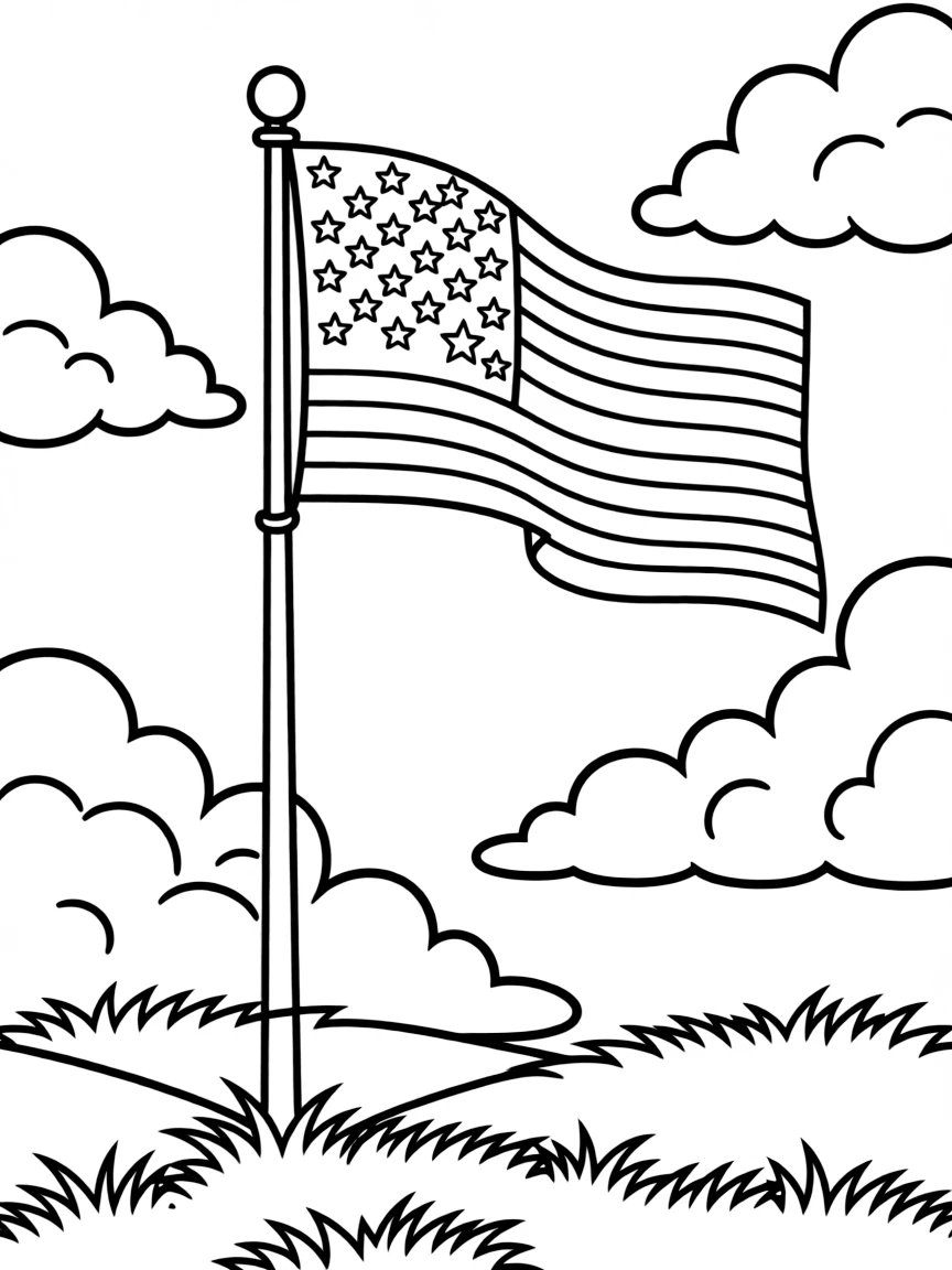 A simple American flag waving on a tall flagpole with puffy clouds in the background and grass at the base