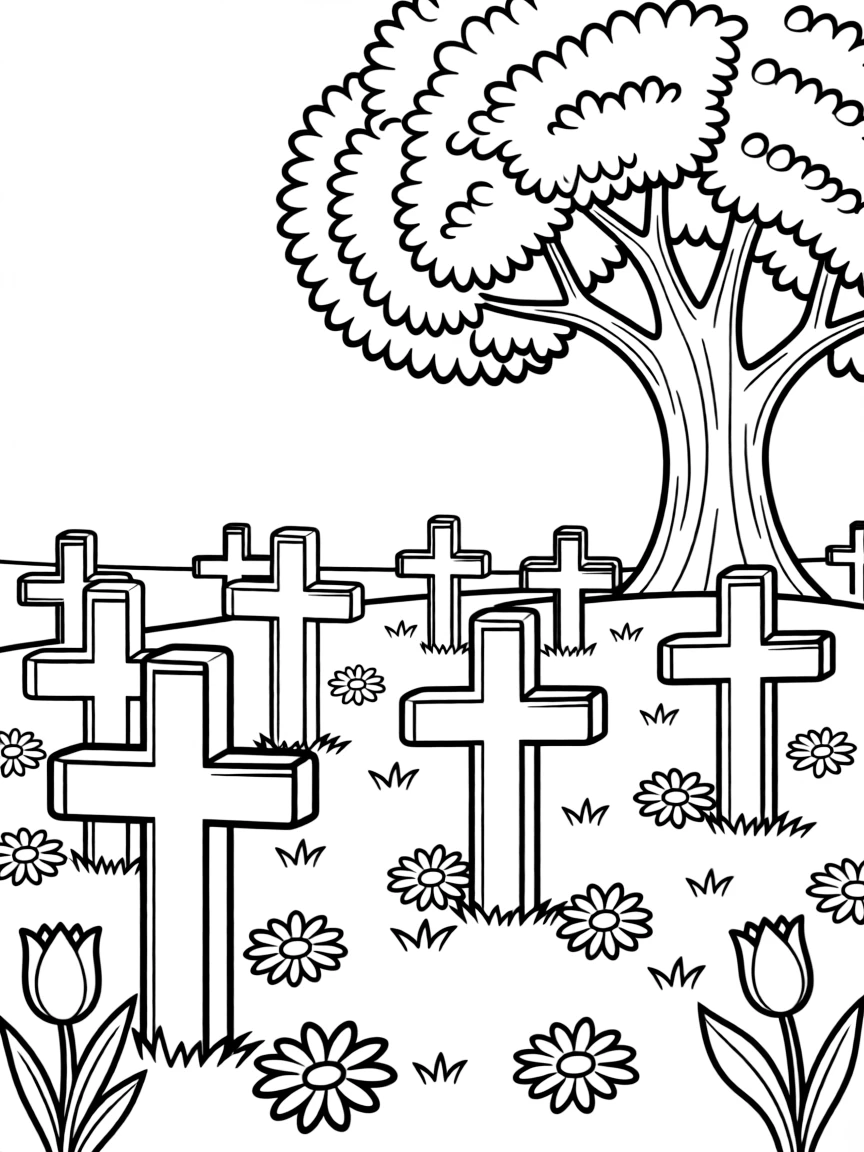A military cemetery with rows of simple cross-shaped headstones, flowers scattered around, and a peaceful tree in the background