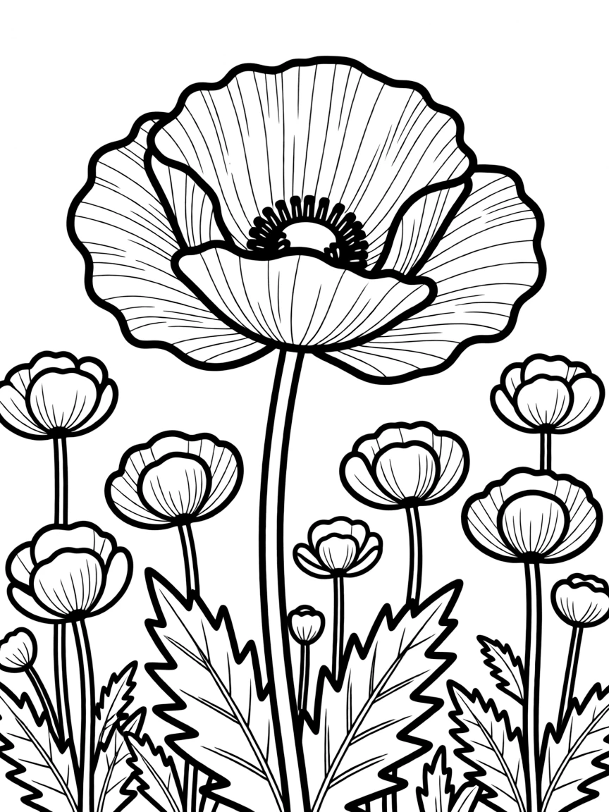 A large poppy flower with detailed petals and leaves, surrounded by smaller poppies in a field