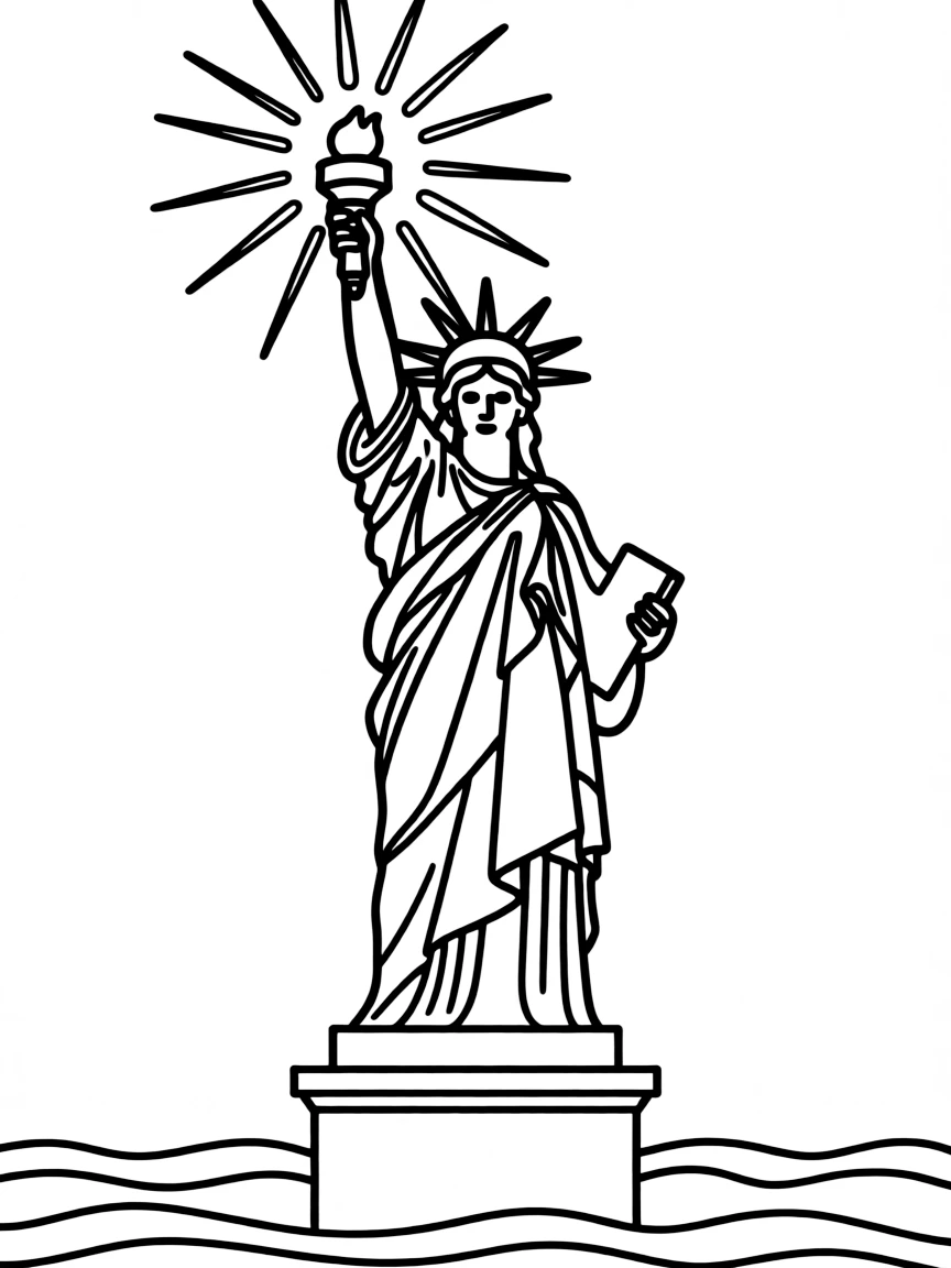 The Statue of Liberty holding her torch high with rays of light emanating from it and simple waves at her base