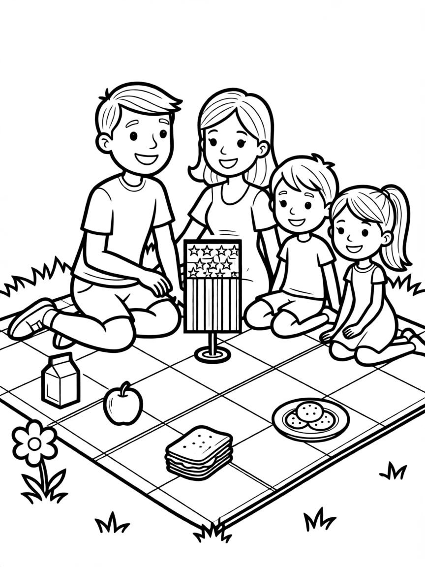 A family having a picnic with a checkered blanket, simple food items, and an American flag decoration on their table