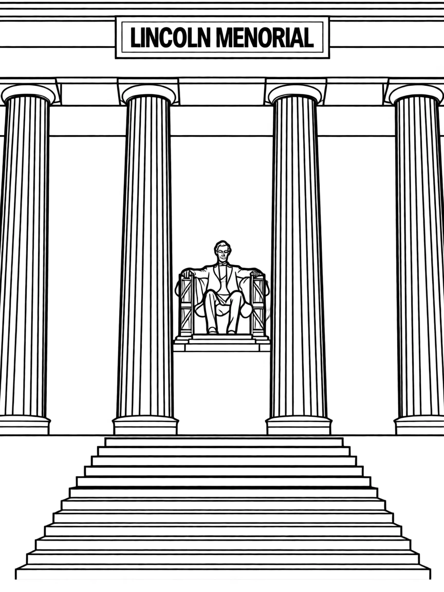 The Lincoln Memorial with President Lincoln sitting in his chair, surrounded by columns and steps