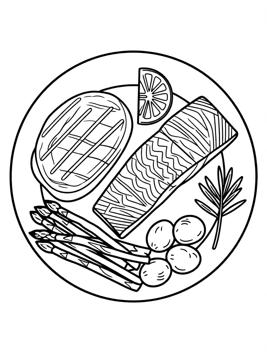 A dinner plate featuring a grilled steak with visible grill marks and a fillet of salmon with delicate scale and flake texture, plated together with a lemon wedge, a sprig of rosemary, and a small side of roasted vegetables (asparagus and baby potatoes).