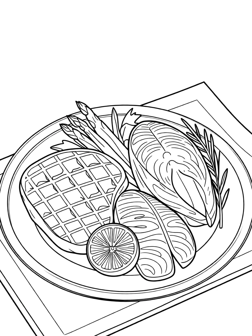 A dinner plate featuring a grilled steak with visible grill marks and a fillet of salmon with delicate scale and flake texture, plated together with a lemon wedge, a sprig of rosemary, and a small side of roasted vegetables (asparagus and baby potatoes).