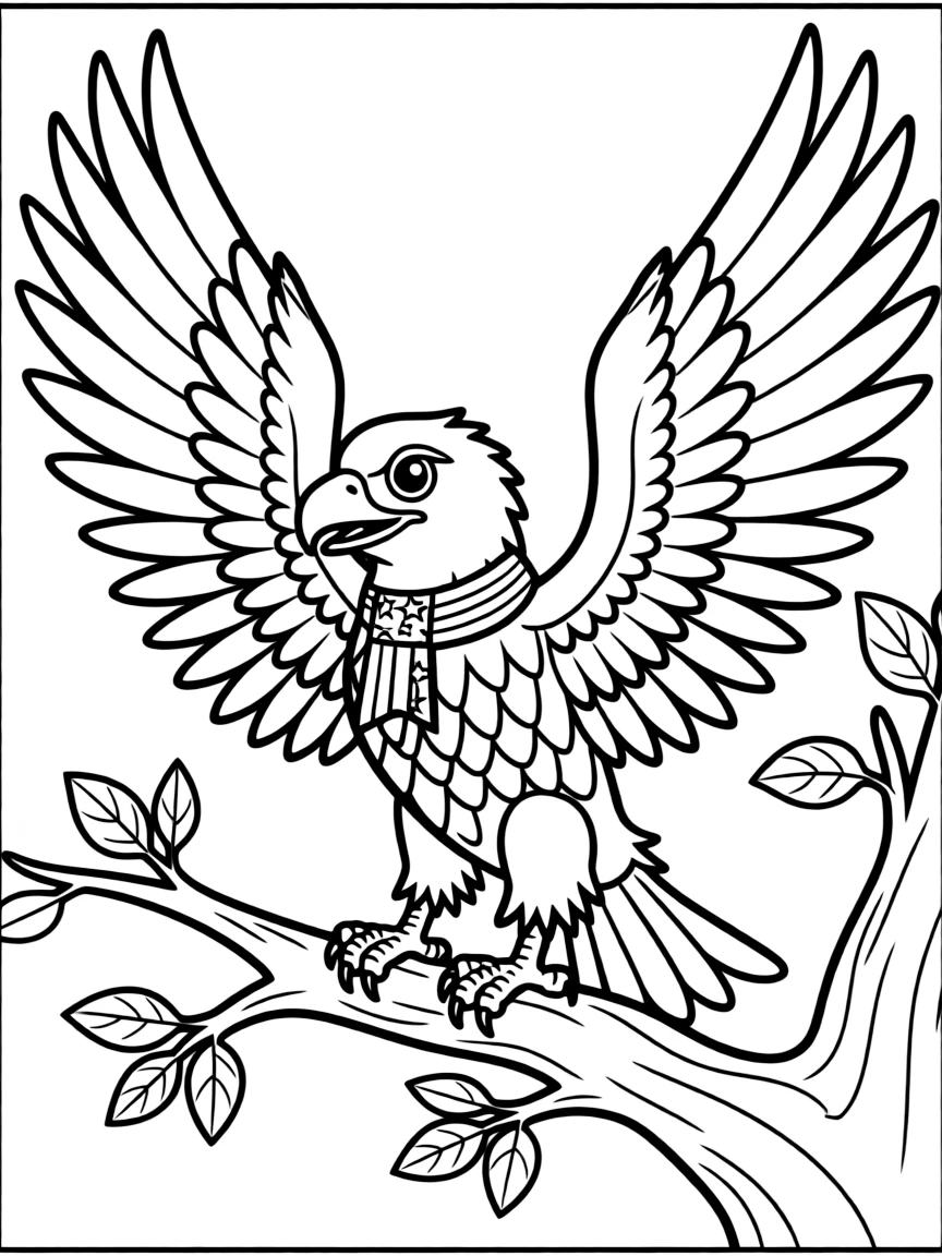 A bald eagle perched on a branch with spread wings, wearing a small American flag ribbon around its neck
