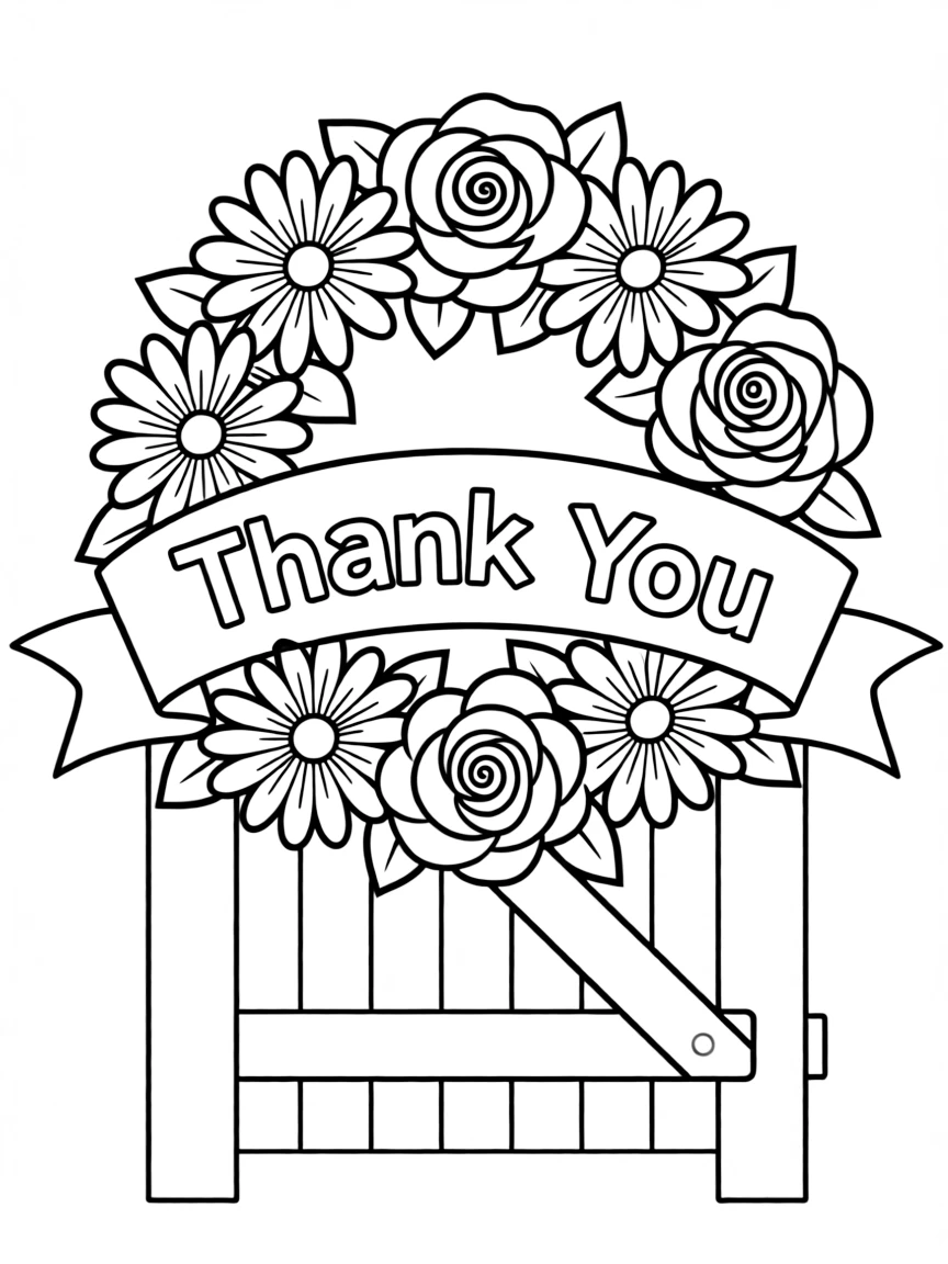 A memorial wreath made of flowers and ribbons hanging on a simple fence or gate with "Thank You" written on a banner