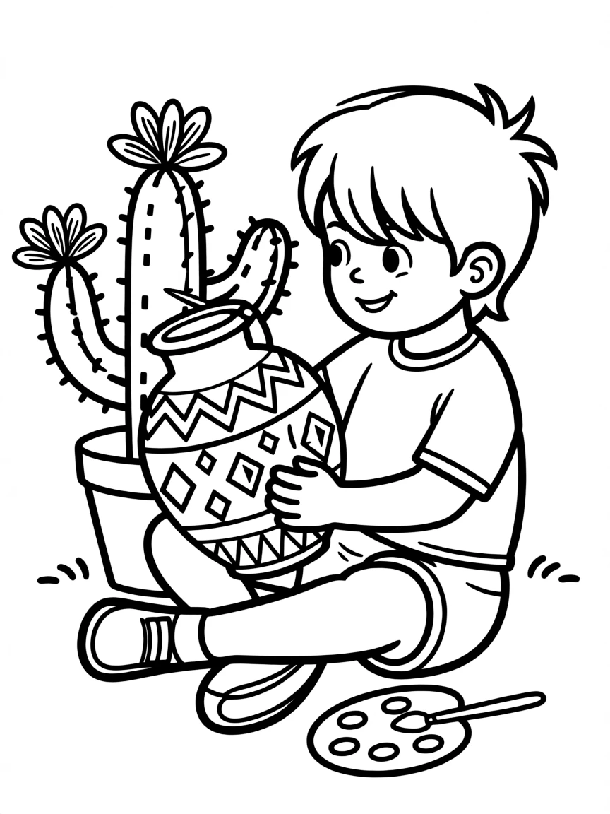(New Mexico) A child painting a pottery jar with Southwestern patterns