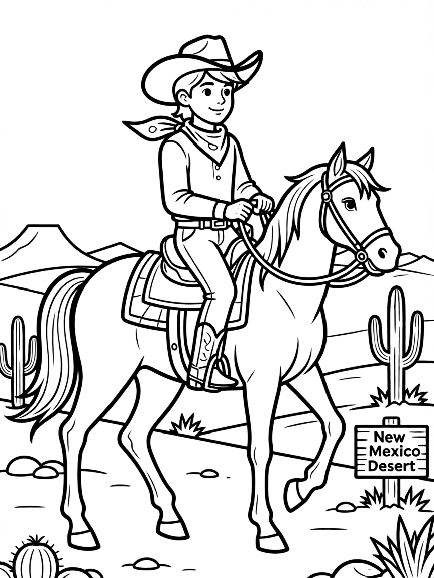 (New Mexico) A cowboy riding a horse in the desert