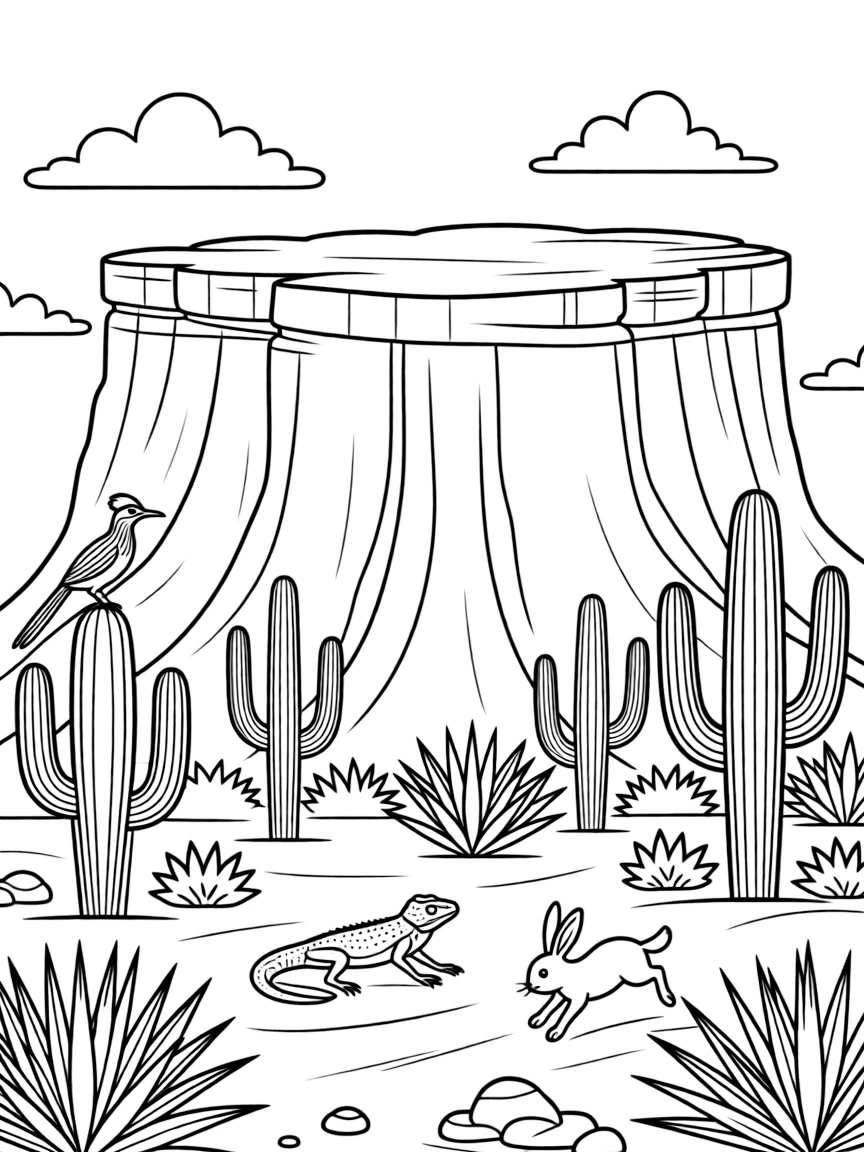 (New Mexico) A mesa with desert plants and animals
