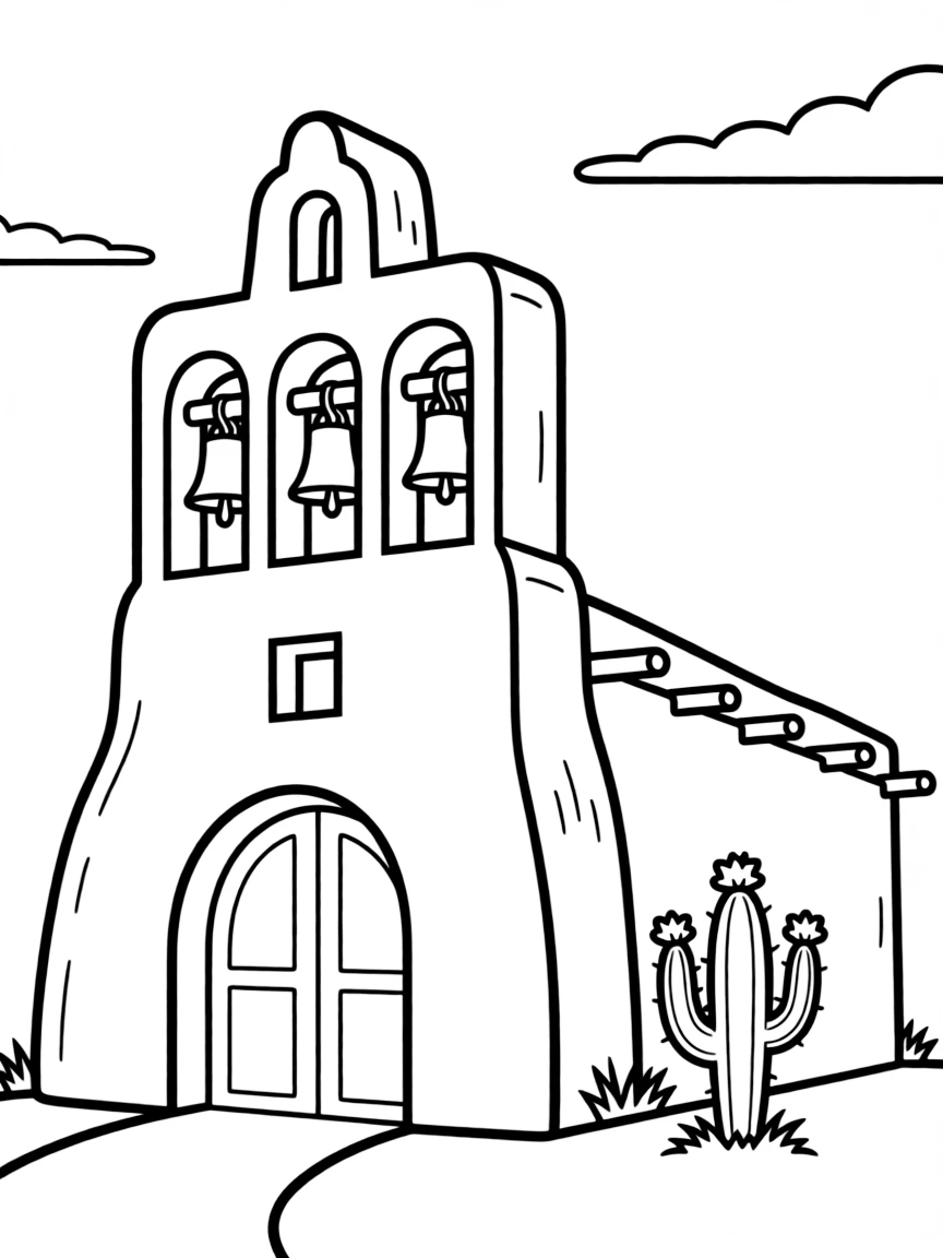 (New Mexico) A Spanish-style adobe church with bell tower