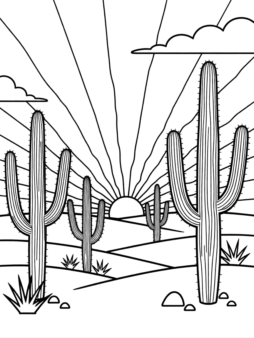 (New Mexico) A desert sunset with silhouette of saguaro cacti