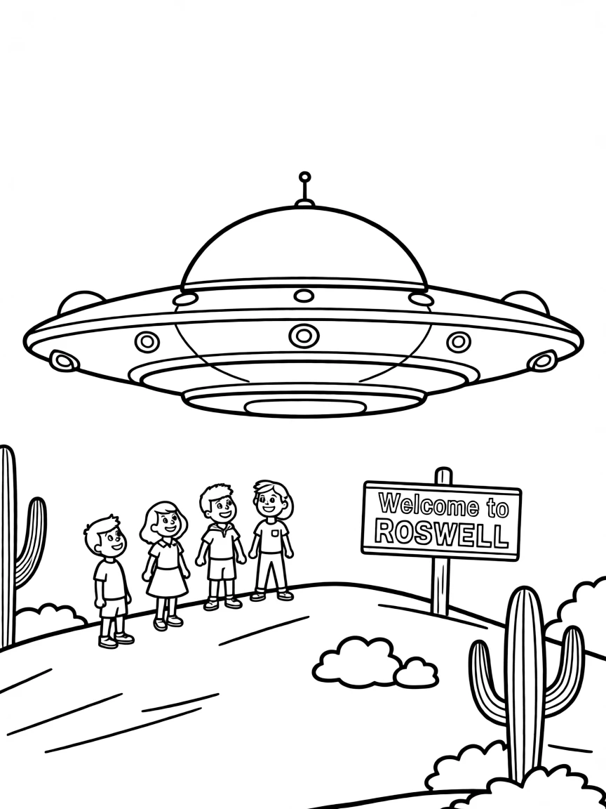 (New Mexico) A UFO over Roswell with curious kids looking up