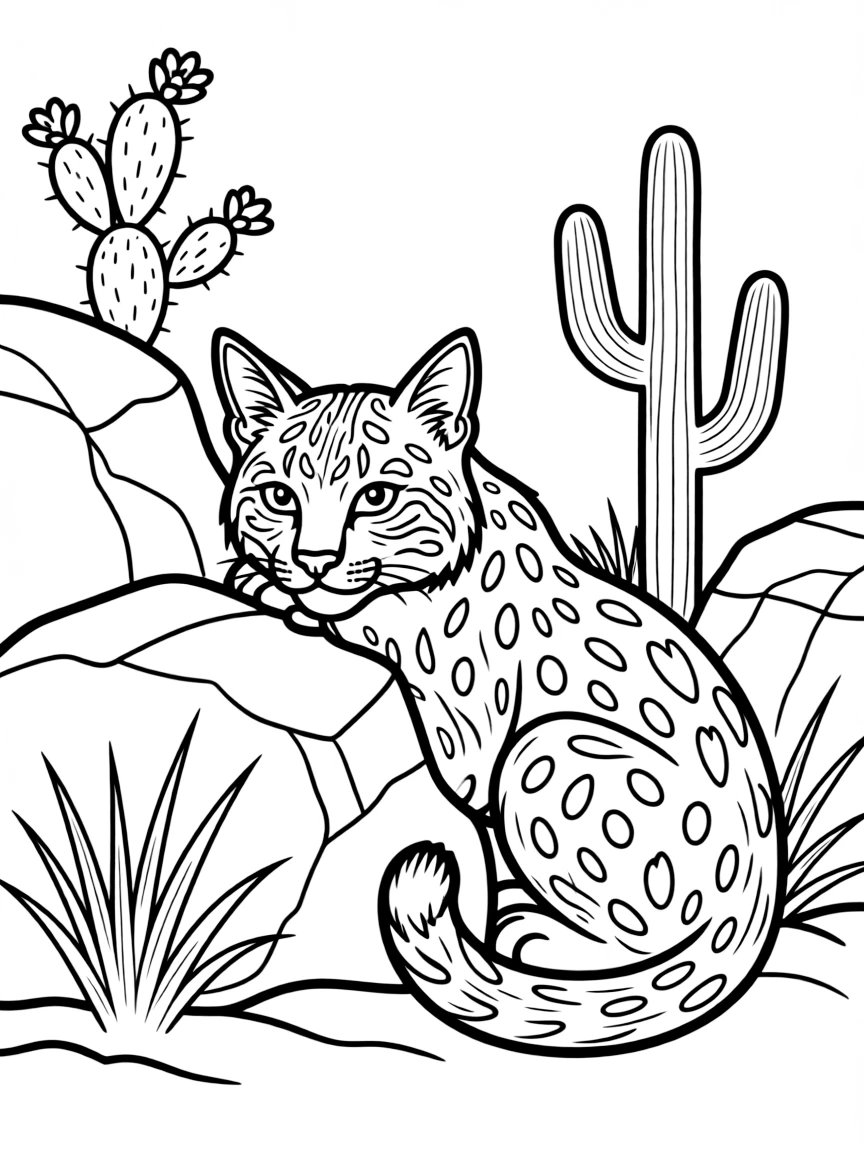 (New Mexico) A bobcat hiding behind desert rocks
